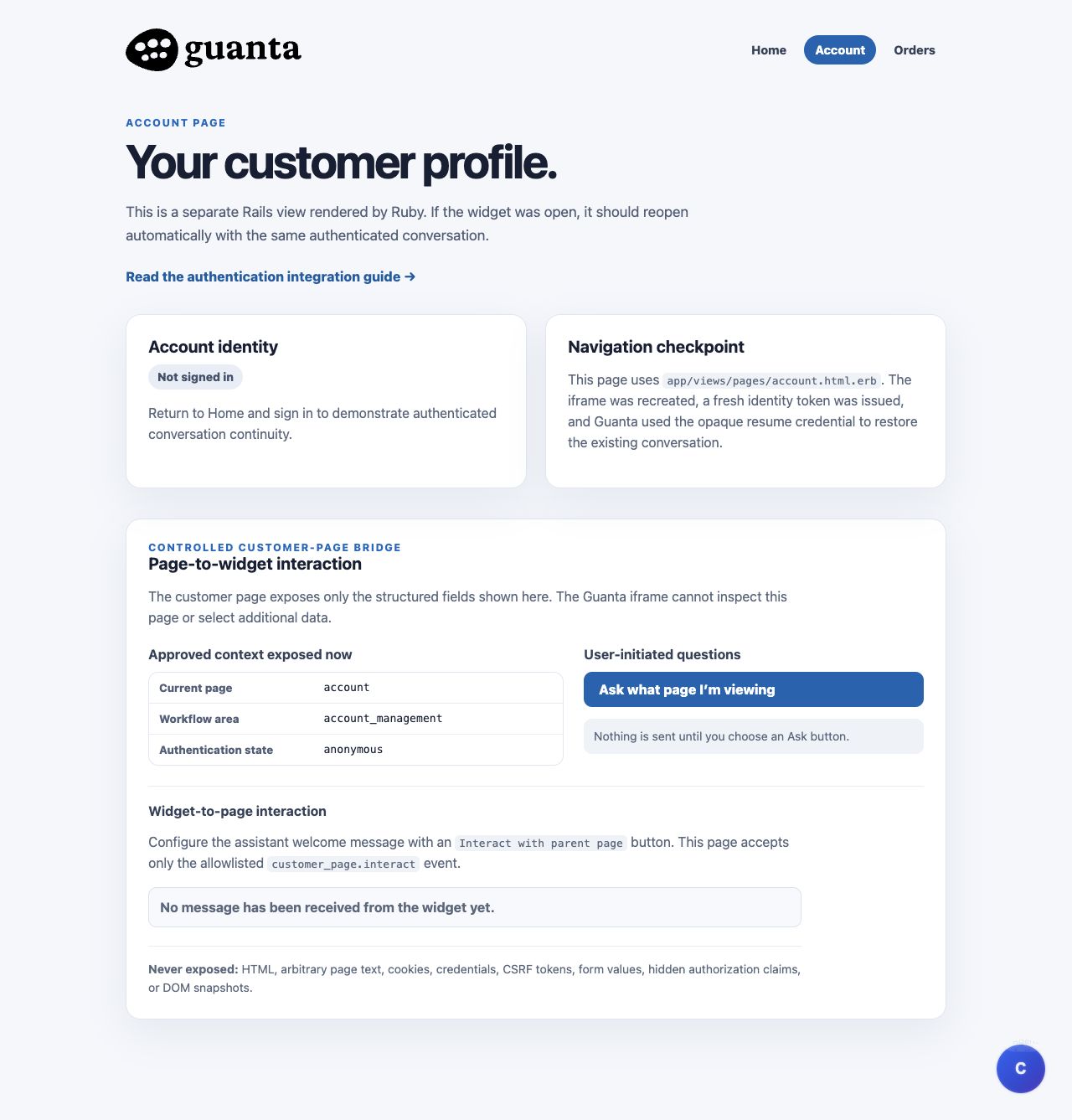 Rails example Account page showing account-specific approved context and page-to-widget controls