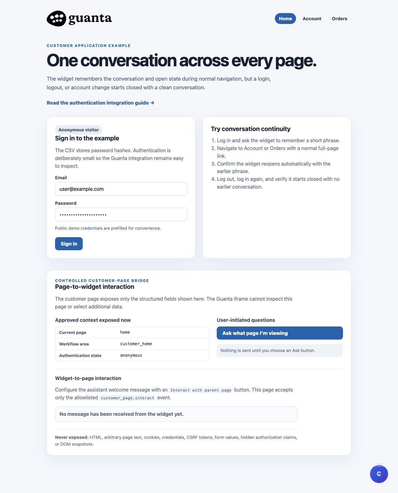 Rails example Home page showing the sign-in form, conversation continuity checklist, approved context, and page interaction controls