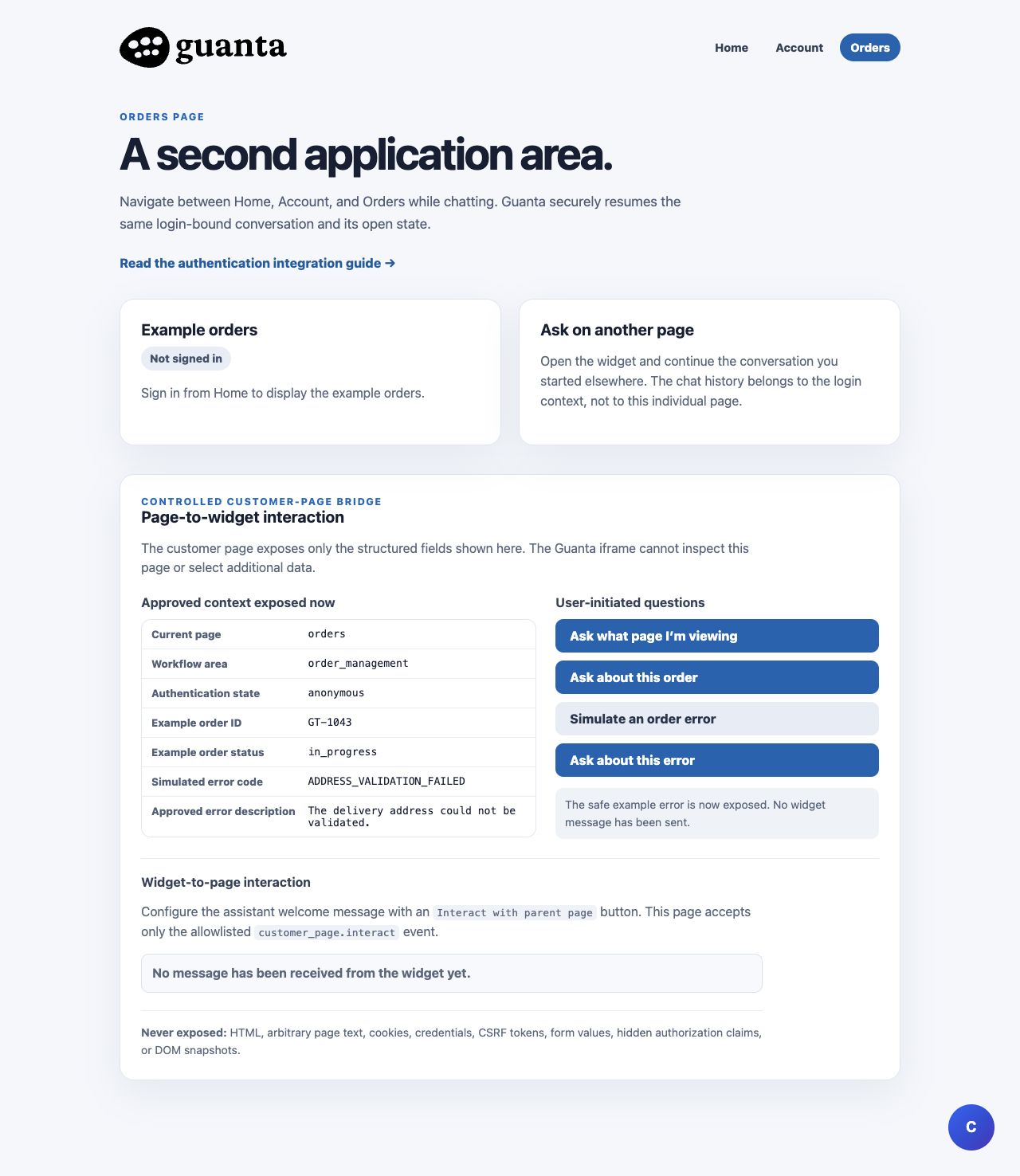 Orders page after error simulation showing the approved error code, user-facing description, and Ask about this error button