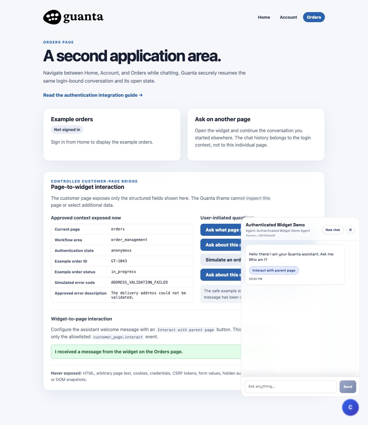 Open Guanta widget with the Interact with parent page action and the accepted receipt displayed by the Orders page